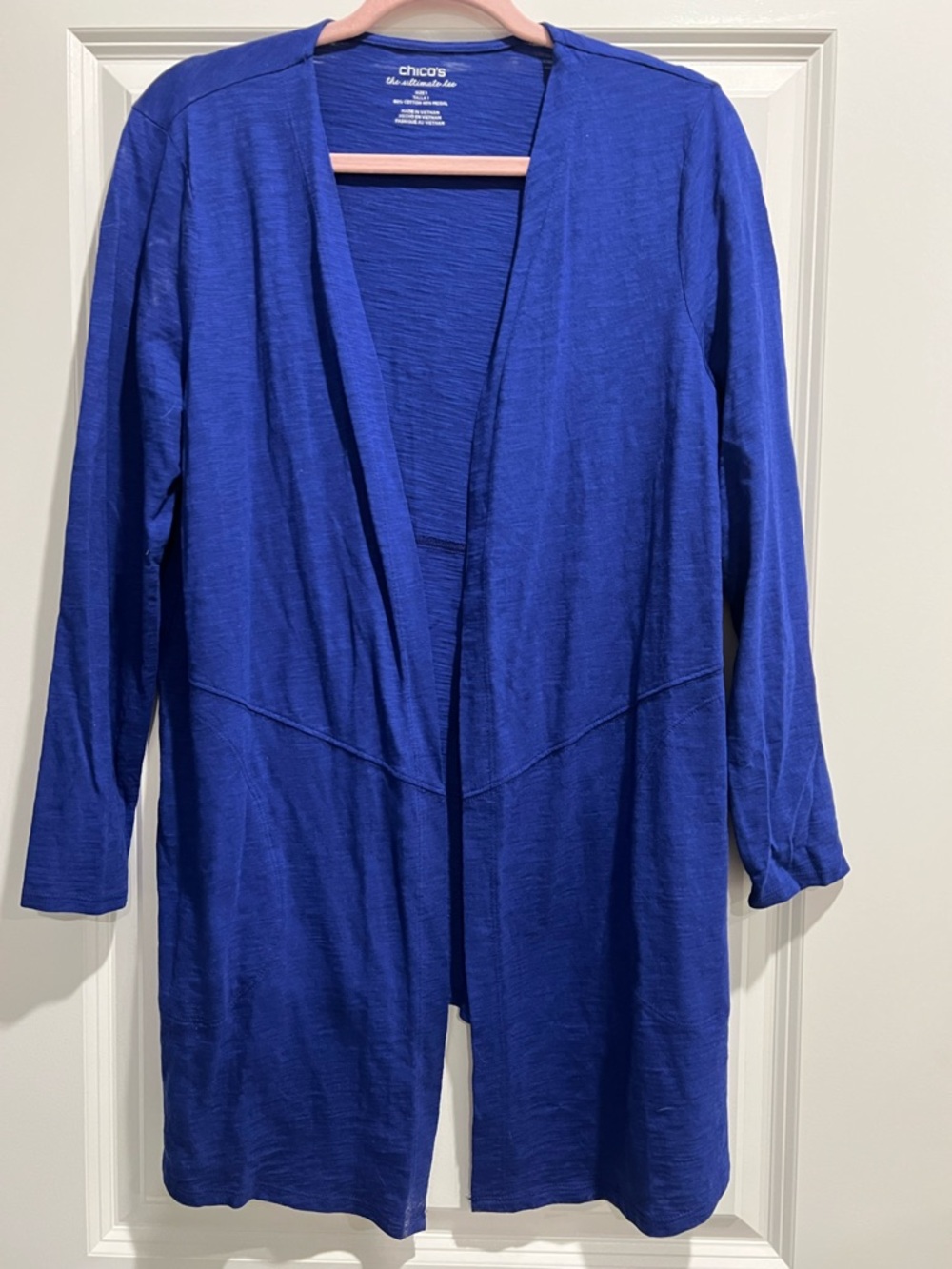 Chico's Ultimate Tee Top - Deep Blue with Pale Pink Trim